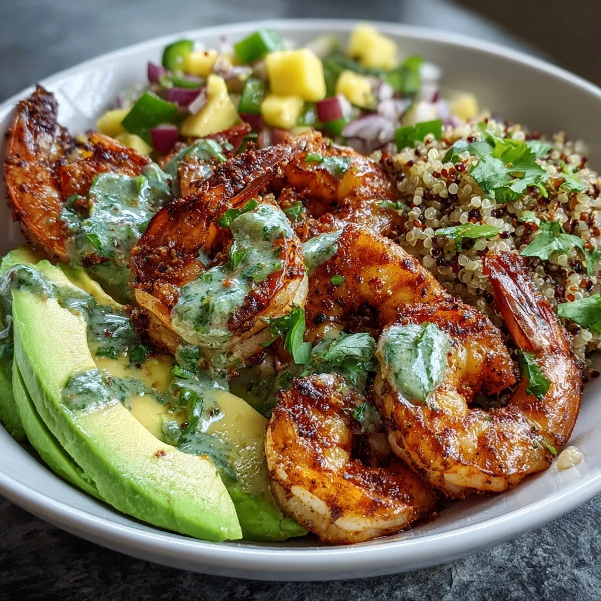Fresh Shrimp and Creamy Avocado Bowls with Zesty Mango Salsa and Lime Chili Sauce feature smoky grilled shrimp, fluffy quinoa, and sliced avocado.