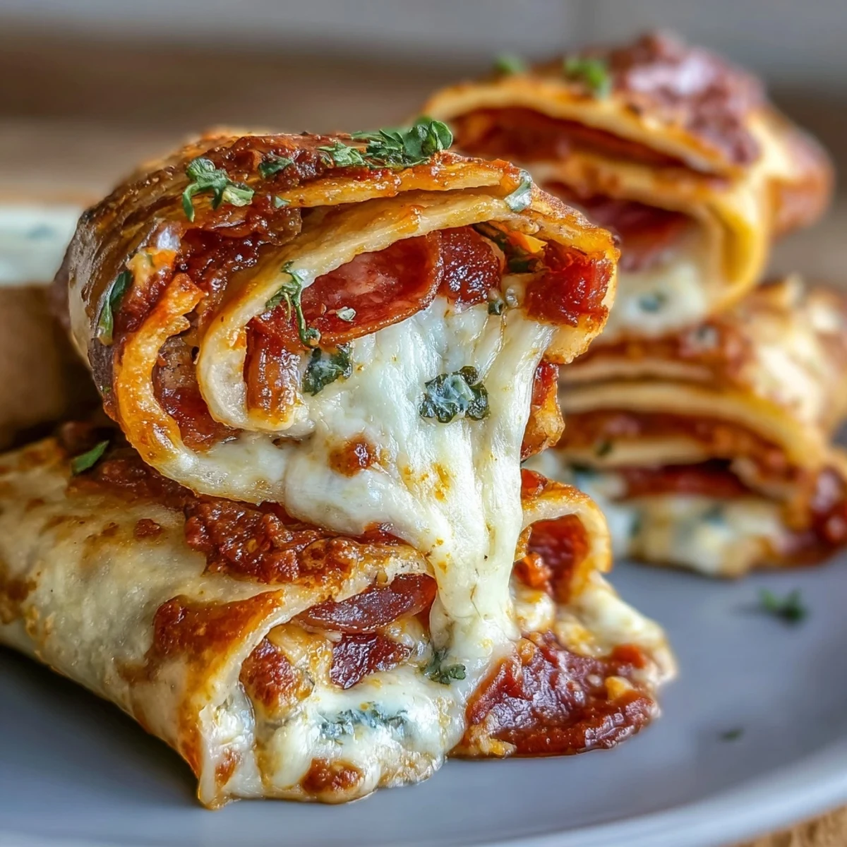 Golden-baked Tortilla Pizza Rolls on a plate, revealing melted mozzarella and zesty pepperoni inside.