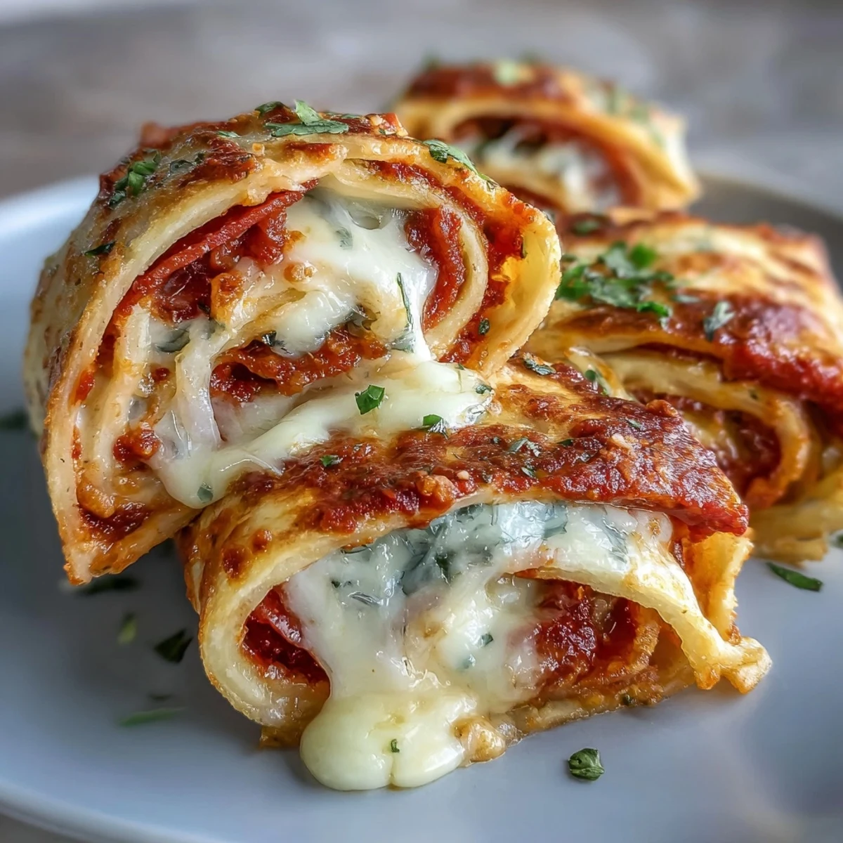 Sliced Tortilla Pizza Rolls arranged on a wooden board, served with a side of warm marinara.
