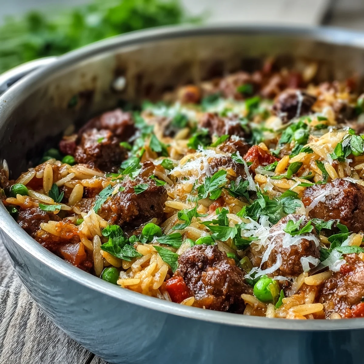 Steaming skillet of Comforting Ground Beef Orzo Dinner with savory beef and melted Parmesan cheese.