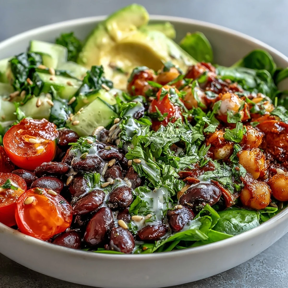 A colorful Three-Bean Power Bowl with quinoa, black beans, chickpeas, and kidney beans topped with fresh avocado slices.