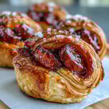 A close-up of a single Pepper Jelly Hogs in a Blanket on a white plate, showing flaky, buttery pastry layers. The glaze is sticky and bright red, with fresh chives sprinkled on top.