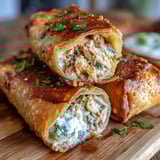 Crispy bite-sized chimichangas showcase creamy jalapeño filling and golden egg roll wrappers on a rustic wooden board.