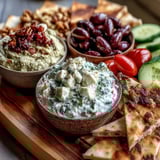 Colorful Mediterranean Brunch Board featuring fresh flatbreads, briny olives, mixed nuts, and a colorful array of vegetable slices.