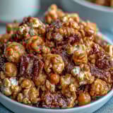 Sweet and salty Baseball Season Popcorn Mix with roasted peanuts and gooey caramel, baked to crunchy perfection for game day snacking.