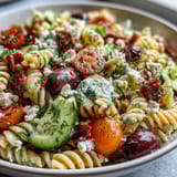 Colorful Greek-inspired pasta salad featuring Kalamata olives, red onion, and feta, tossed in a tangy oregano and red wine vinegar dressing.
