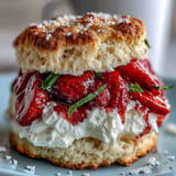 Delicious Strawberry Basil Shortcake Biscuits, a perfect summery dessert topped with whipped cream.