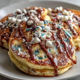 Fluffy, festive Easter Egg Pancakes adorned with colorful glazes and fresh fruit toppings.
