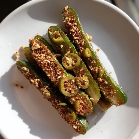 Crunchy dill Taco Pickles with red pepper flakes and garlic infusing the brine, shown ready to serve.
