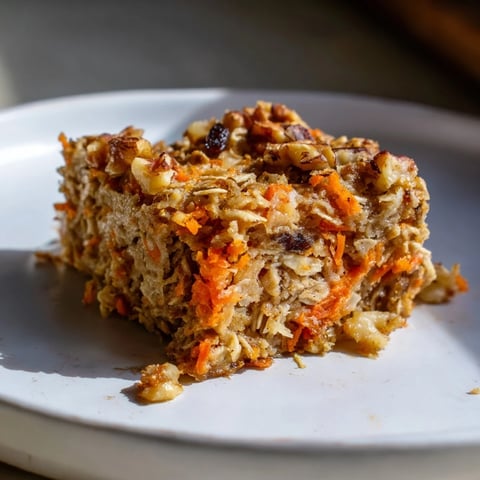 Golden baked carrot cake oatmeal squares studded with raisins and walnuts, served warm on a rustic plate.  