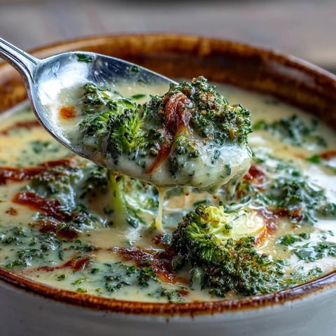 Creamy roasted broccoli cheddar soup in a rustic bowl garnished with fresh florets, ready to serve with crusty bread