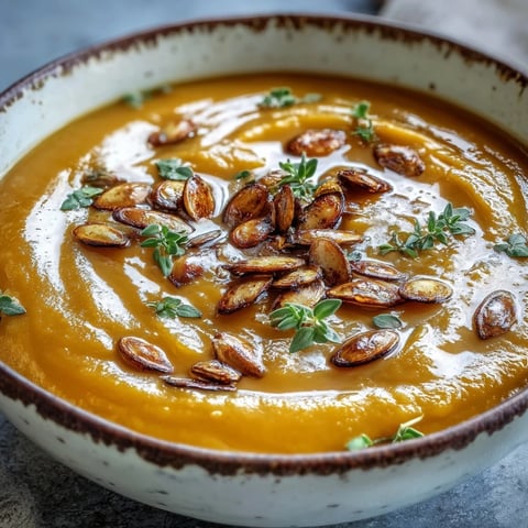 Creamy Easy Roasted Butternut Squash Soup garnished with pumpkin seeds and thyme.