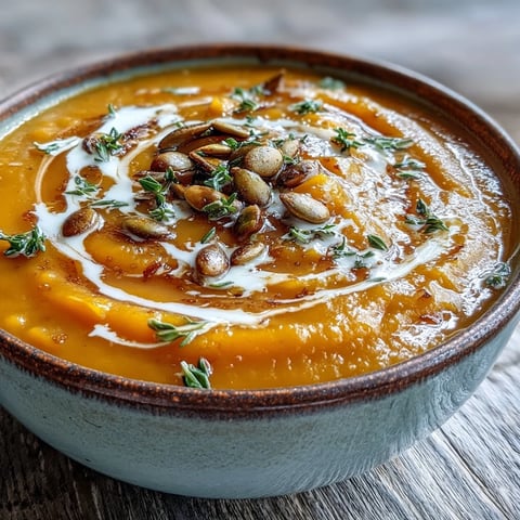 A bowl of creamy butternut squash and apple soup garnished with thyme and pumpkin seeds.