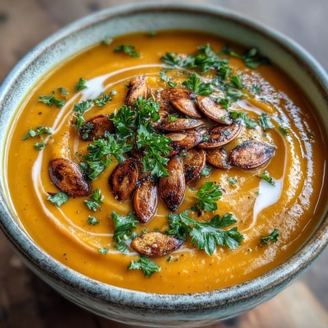 A bowl of creamy Roasted Broccoli and Butternut Squash Soup garnished with toasted pumpkin seeds and parsley.