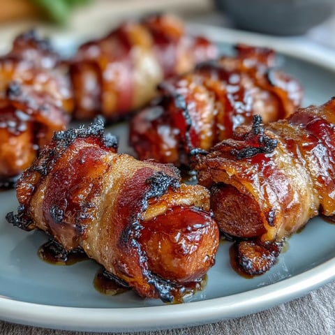 Golden brown Bacon-Wrapped Smokies fresh from the oven, glistening with a sweet, sticky caramelized glaze.