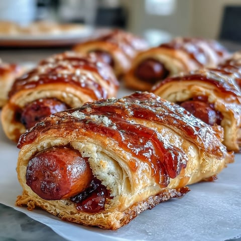 Golden brown Pepper Jelly Hogs in a Blanket lined up on a parchment-lined baking sheet, steaming slightly. The flaky pastry is wrapped around mini sausages and glazed with shimmering red pepper jelly.