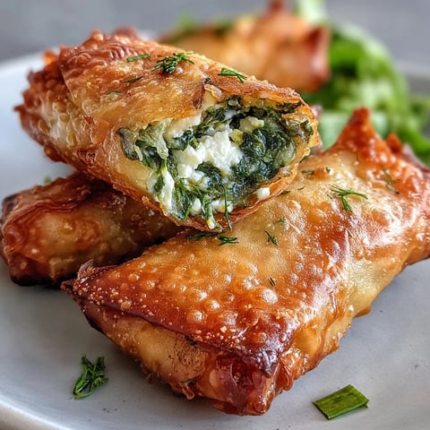 Golden, crispy Spanakopita Spring Rolls sit on a plate, revealing a vibrant green spinach and feta filling.