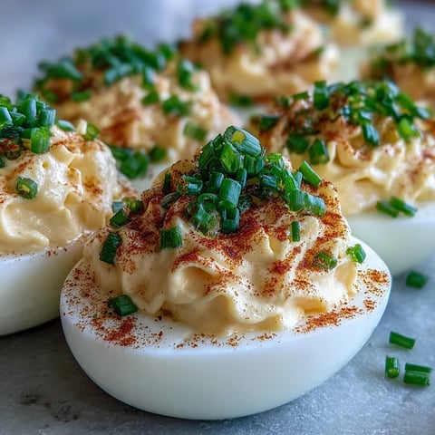 Freshly made Million Dollar Deviled Eggs garnished with paprika and chives, served chilled on a white platter. Their creamy filling glows in the soft kitchen light.