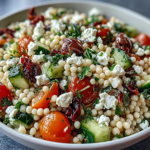 A close-up of Mediterranean Pearl Couscous, showcasing toasted couscous, crunchy cucumber, and sweet bell pepper.