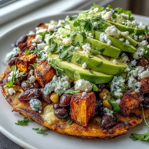 Crispy gluten-free tostada shells piled high with smoky roasted sweet potato and limey black bean corn salsa, topped with creamy avocado and crumbled feta for a satisfying vegetarian lunch.