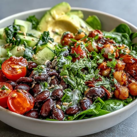 A colorful Three-Bean Power Bowl with quinoa, black beans, chickpeas, and kidney beans topped with fresh avocado slices.