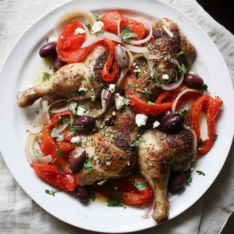 Golden, roasted Easy Sheet Pan Greek Chicken served with vibrant vegetables and a wedge of lemon.