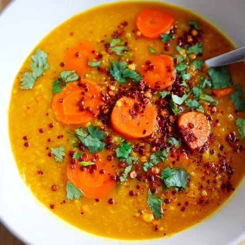 A close-up of a steaming bowl of Spiced Carrot Lentil Soup, full of vibrant flavor and texture.