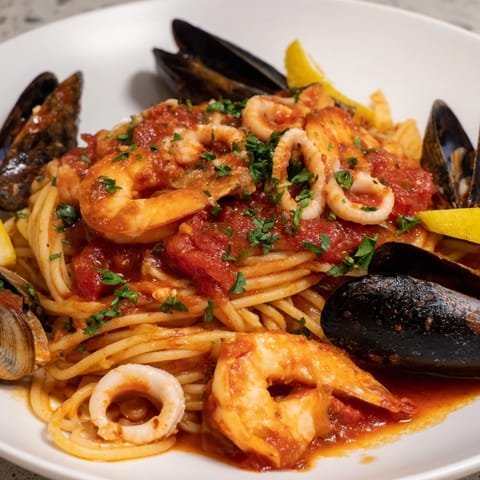 Bright red Seafood Marinara Pasta, glistening with olive oil and topped with fresh parsley for a delightful dinner.