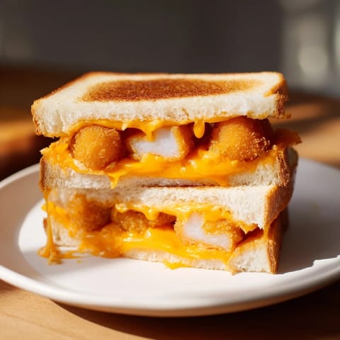 The perfectly toasted Chicken Nugget Grilled Cheese sandwich, served warm and ready to eat with a side.