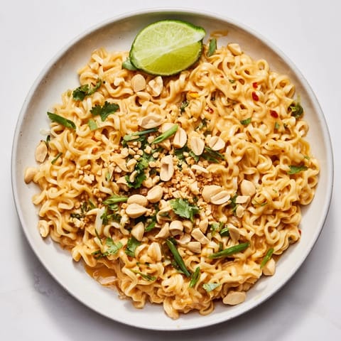 A close-up of vibrant Instant Peanut Thai Sauce Noodles garnished with fresh green scallions and toasted peanuts.