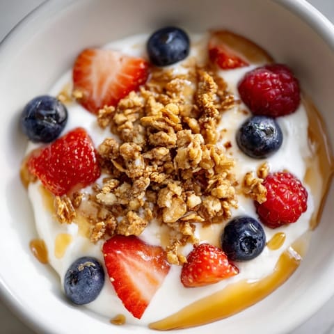 Cottage Cheese Hot Honey Bowl: a delightful view of creamy cottage cheese with hot honey and berries, ready to eat.