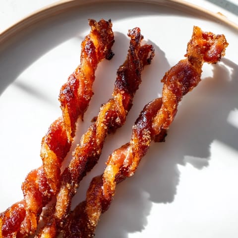 Savory Spiced Bacon Twists cooling on parchment paper, their caramelized edges and spicy aroma inviting you to enjoy a sweet and smoky snack.