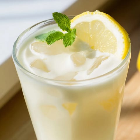 A tall glass of Creamy Lemonade Drink filled with ice, garnished with lemon slices and fresh mint leaves on a sunny table.