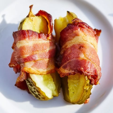 Golden brown Bacon-Wrapped Pickles on a rustic wooden board, served with creamy ranch dipping sauce for a tangy, smoky bite.  