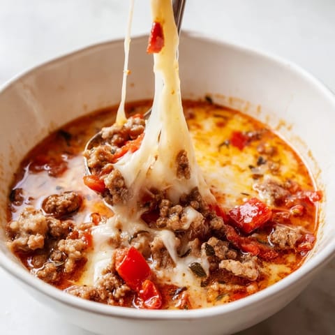 Hearty Pizza Soup with Italian sausage and vegetables simmering in a rich, tomato-based broth.  