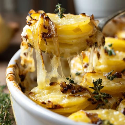 Golden baked potatoes topped with bubbling Gruyère and fragrant caramelized onions, served warm from the oven as a comforting side dish.  