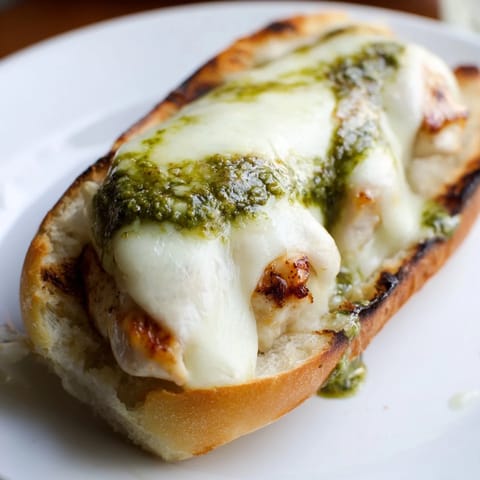 Sliced tomatoes and fresh basil top the golden Pesto Chicken Melt, served hot on toasted ciabatta bread.