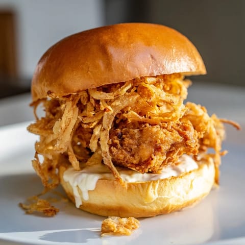 Golden Crispy Onion Chicken Sandwich served on a toasted brioche bun with creamy aioli and fresh lettuce.