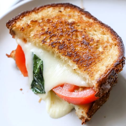 Golden-brown Tomato Basil Grilled Cheese sandwich with melted mozzarella and fresh tomato slices on rustic bread, served with a side of tomato soup.  