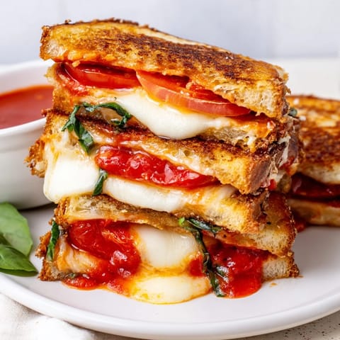 Close-up of sliced Caprese Grilled Cheese Dippers, showing melted cheese and tomato layers on toasted sourdough bread.