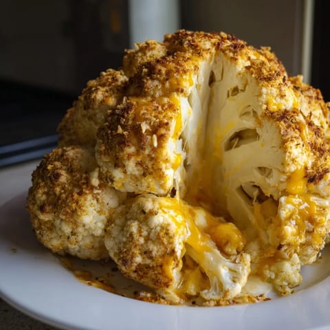 Savory Cheesy Stuffed Cauliflower Head with a creamy filling, garnished with fresh chives and ready to slice at a family dinner.