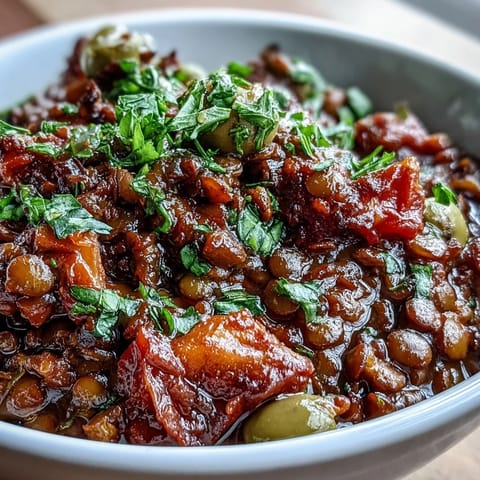 Savory Cuban-Inspired Lentil Picadillo featuring green olives, raisins, and diced tomatoes in a skillet.