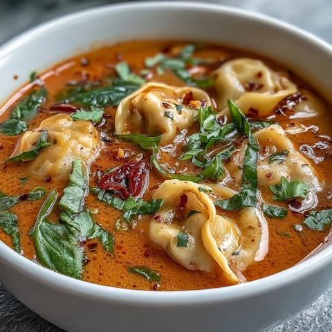 Hearty Red Curry Wonton Soup, ready in 25 minutes, topped with garnishes.