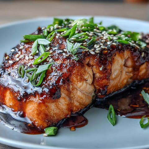 Flaky, glazed salmon fillet rests on fluffy rice, surrounded by bright broccoli and snap peas, garnished with green onions and sesame seeds.