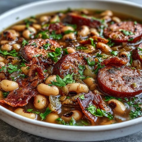 A hearty bowl of Southern black-eyed peas garnished with fresh parsley, served alongside warm cornbread for a comforting meal.  