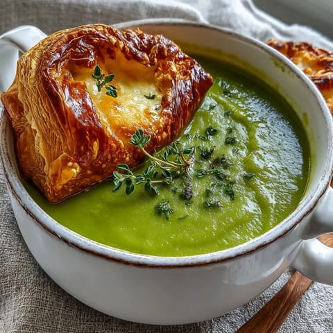 Golden pastries filled with melted cheese rest beside a vibrant green and orange soup in a rustic bowl.