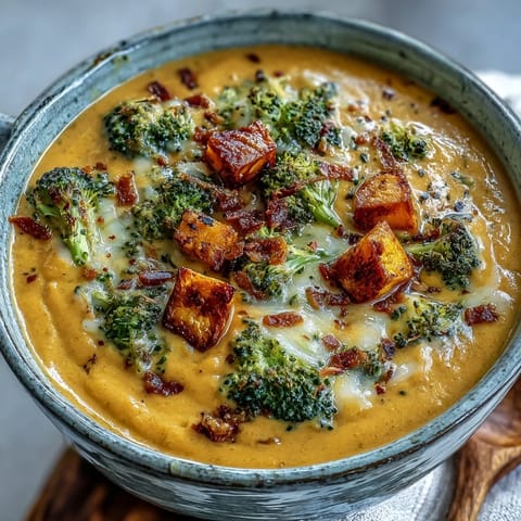 Roasted butternut squash and broccoli blend with sharp cheddar in this comforting, velvety soup.