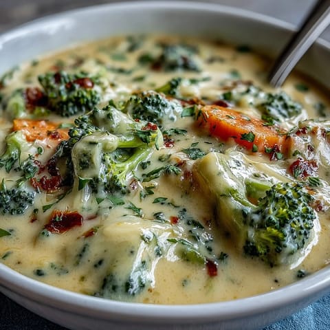 Broccoli Cheddar Soup steaming in a rustic ceramic bowl, perfect for a cozy lunch with crusty bread.