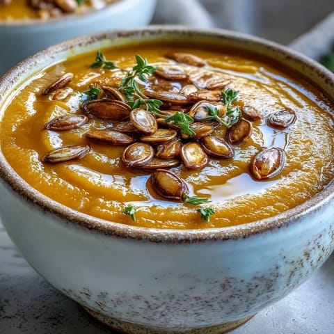 Spoonful of velvety Easy Roasted Butternut Squash Soup in a rustic bowl.