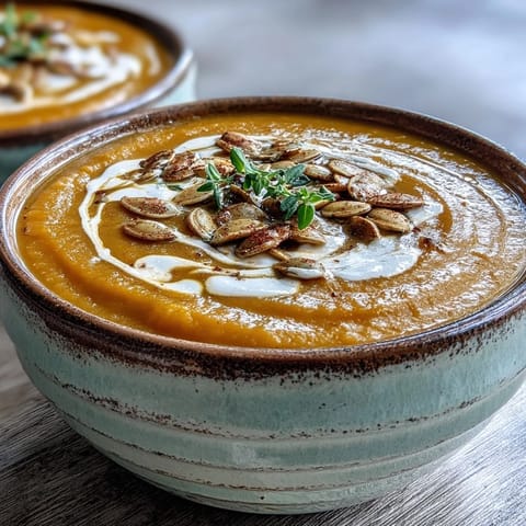 A close-up of smooth, velvety butternut squash and apple soup with a cream swirl.